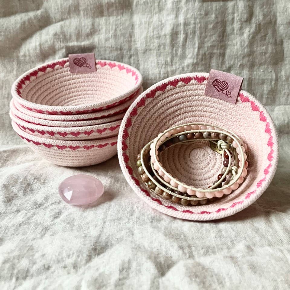 Pink Trinket Rope Bowl with Heart Stitching