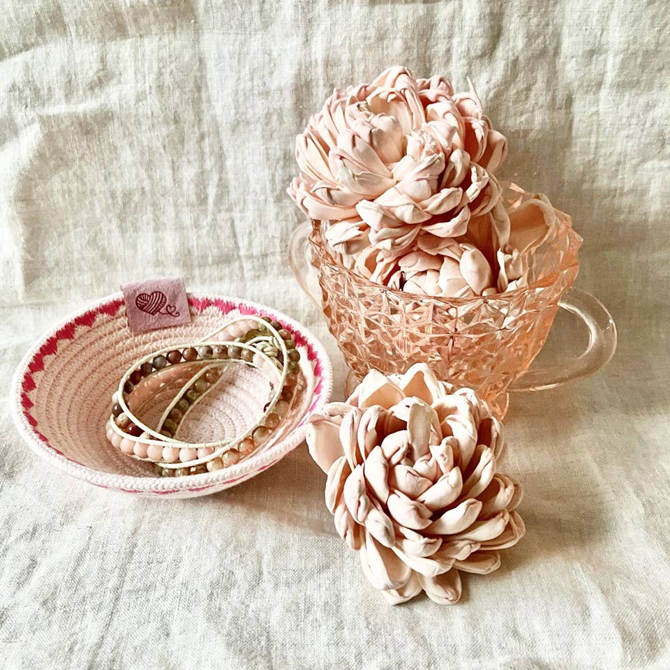Pink Trinket Rope Bowl with Heart Stitching
