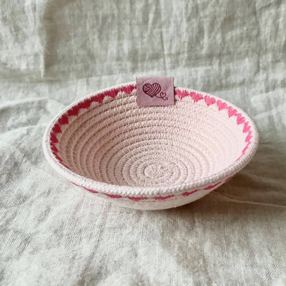 Pink Trinket Rope Bowl with Heart Stitching