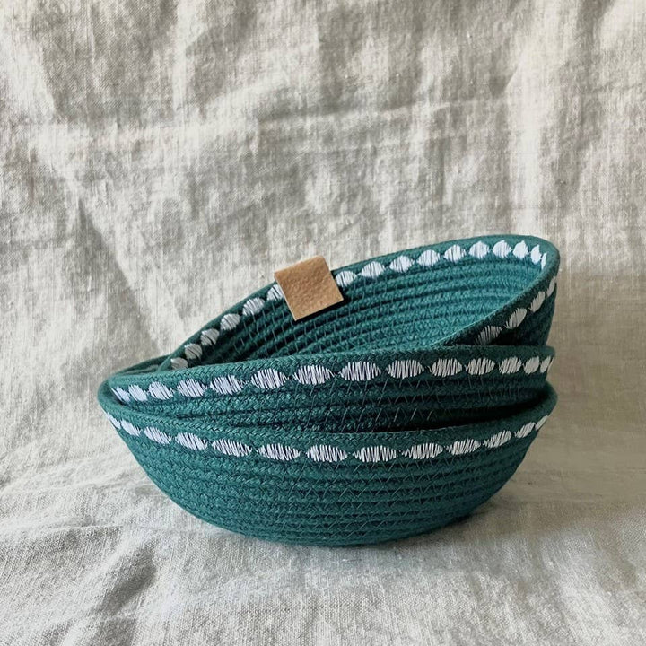 Peacock Blue Trinket Rope Bowl with Decorative Stitching