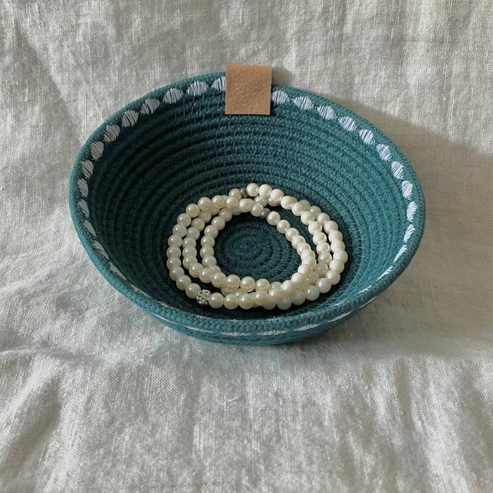 Peacock Blue Trinket Rope Bowl with Decorative Stitching