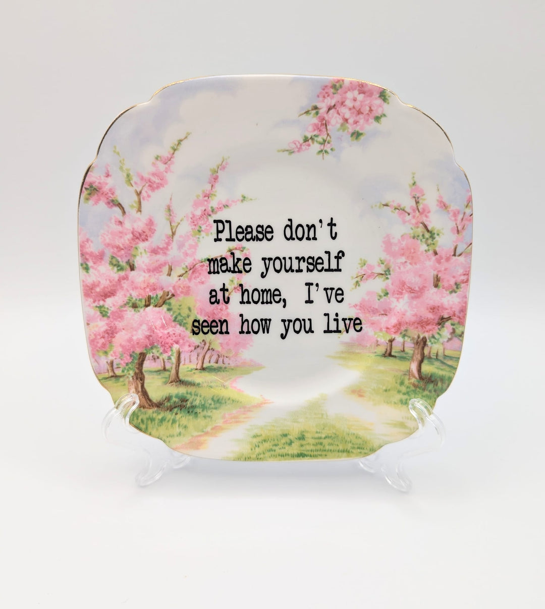 Please don't make yourself at home, I've seen how you live - altered vintage plate - 1