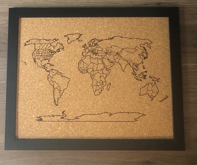 Desktop Push Pin World Map Outline (black frame)