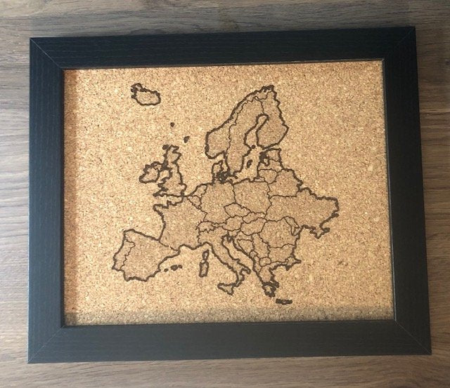 Desktop Push Pin Map of Europe Outline (black frame)