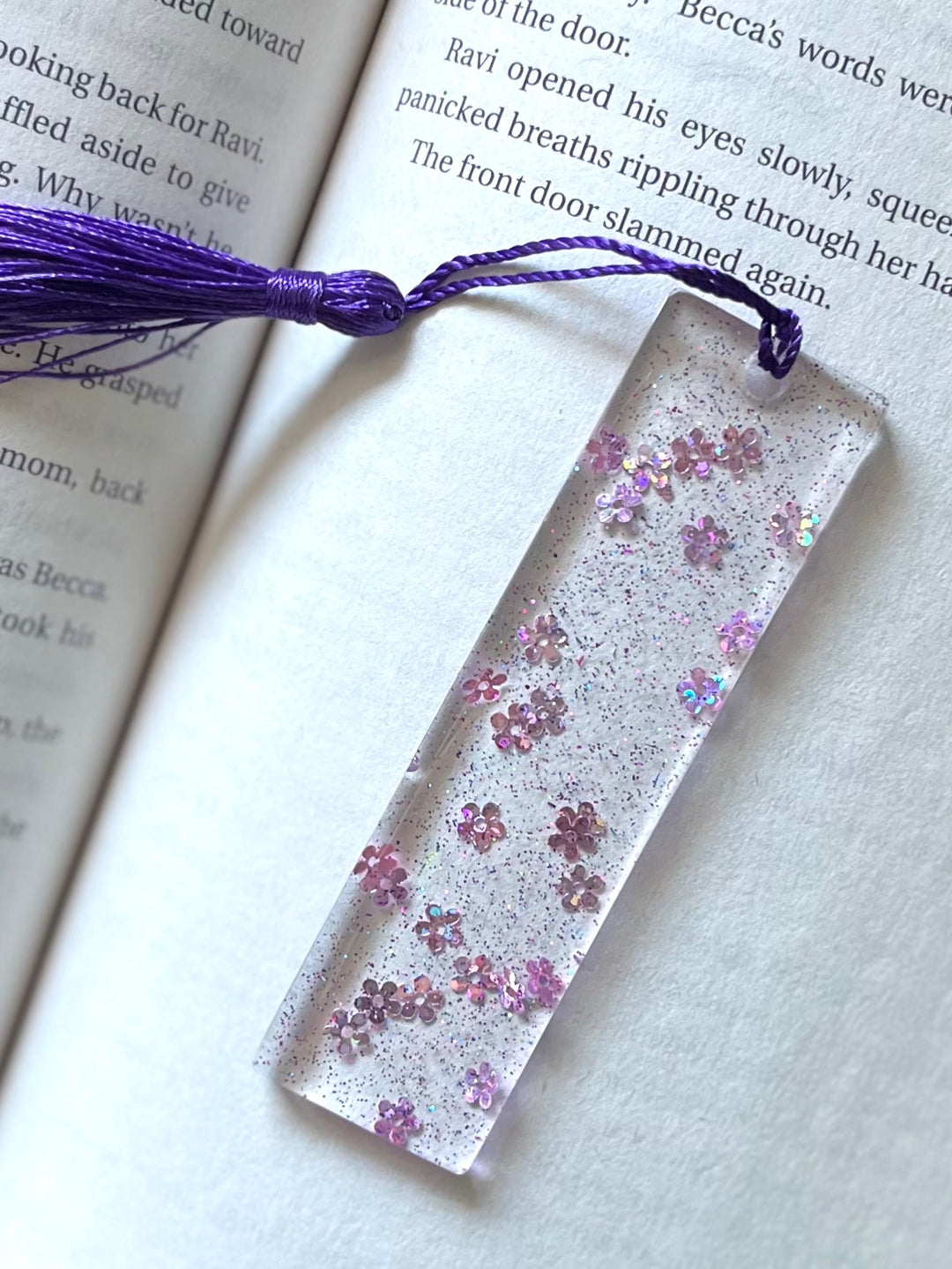 Flower bookmark (purple glitter small)