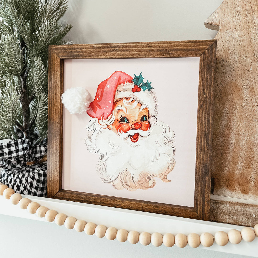 Vintage Santa With Pom Pom Hat Framed Wood Christmas Sign