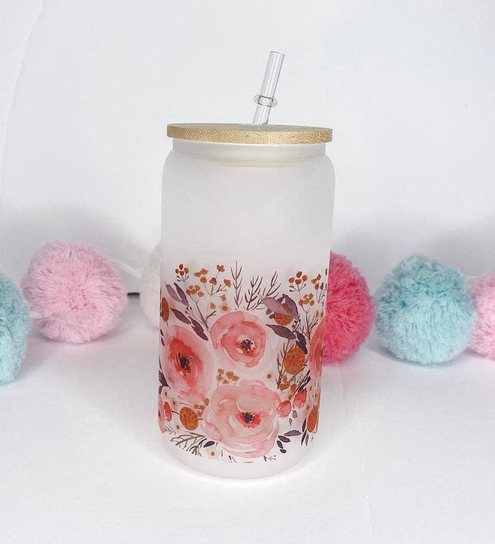 Pink Floral Frosted Glass Can Tumbler