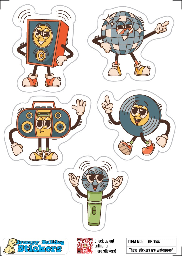 Retro funny Music Based Stickers with Hands, legs and eyes Set 1 - 1