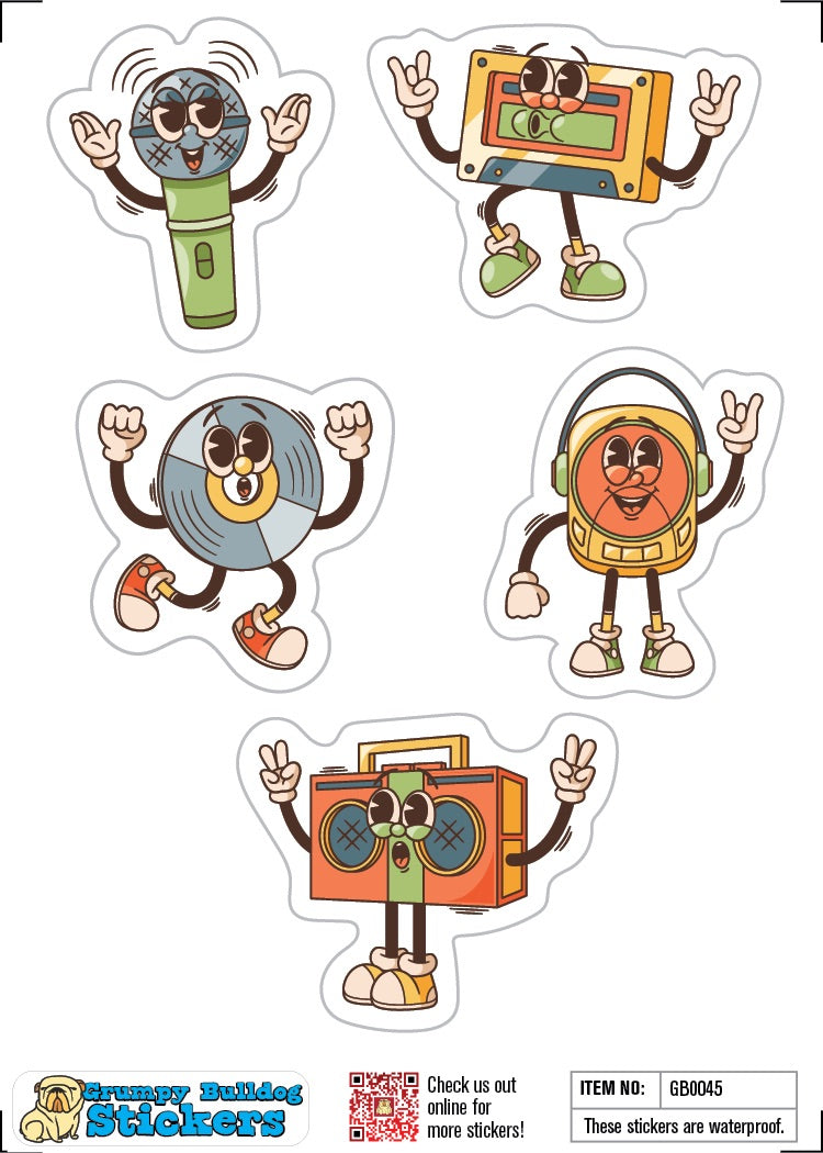 Retro funny Music Based Stickers with Hands, legs and eyes Set 2 - 1