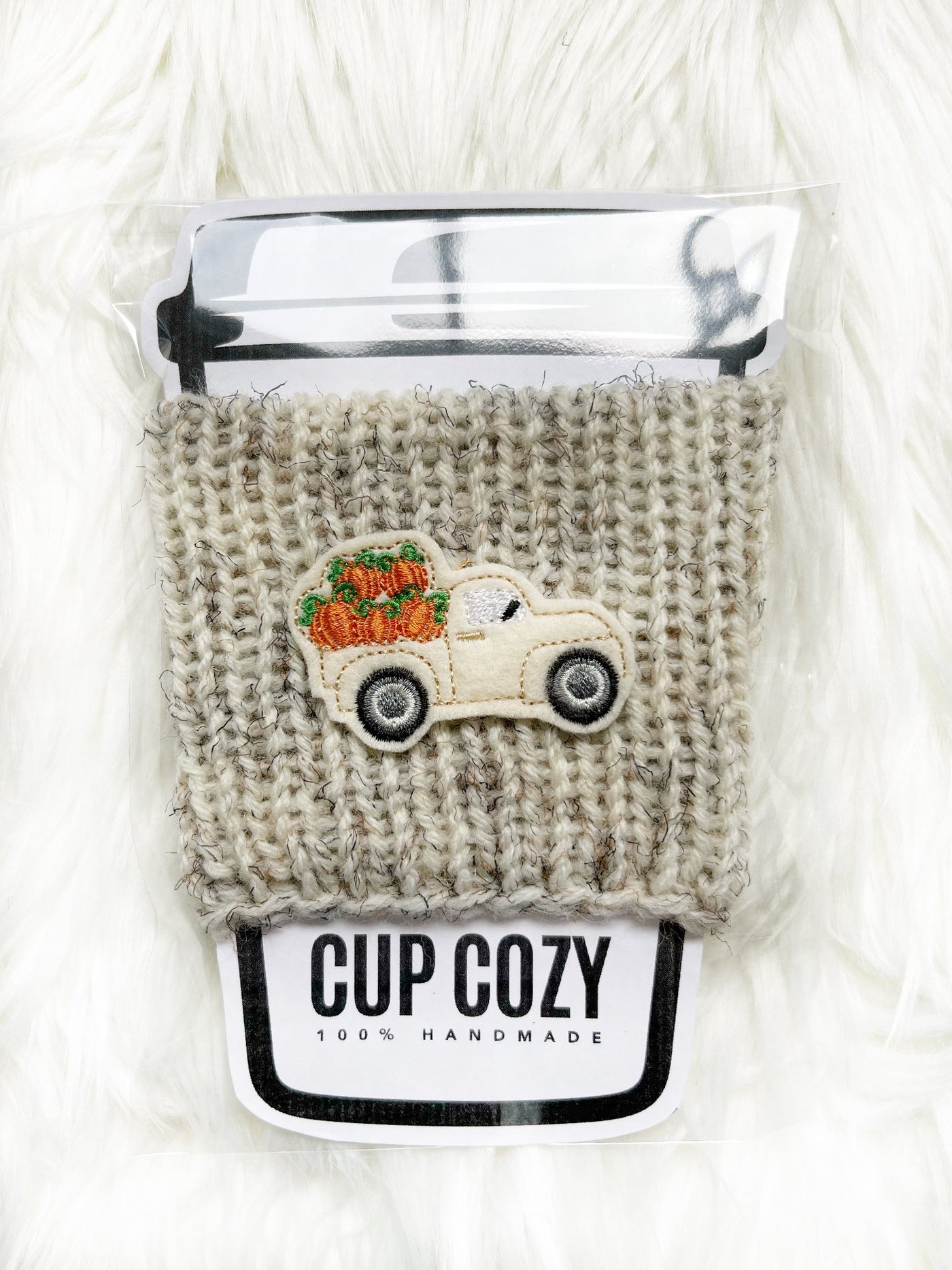 Knit Cup Cozy - Pumpkin Truck - 1