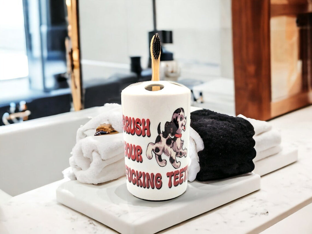 Brush your f*cking teeth - ceramic tooth brush holder -  kitsch dog puppy - 1