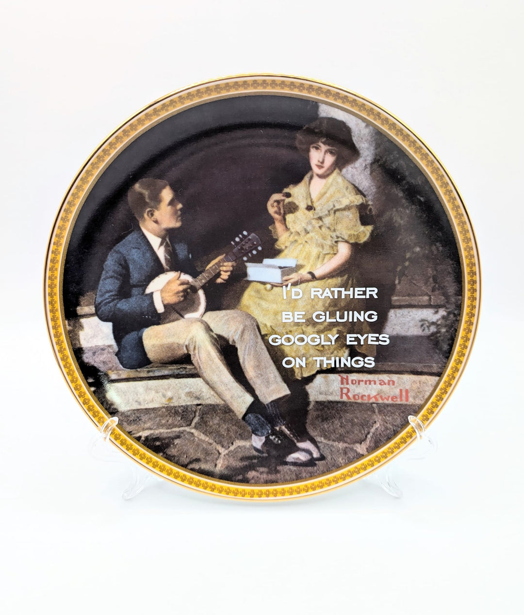 I'd rather be gluing googly eyes on things - upcycled Norman Rockwell plate - 1