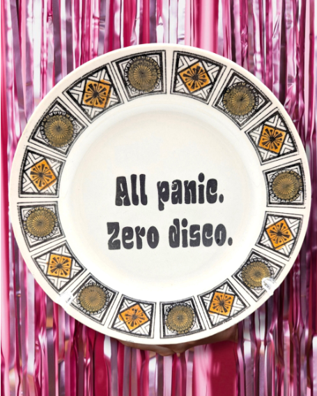 All panic.  Zero disco. - upcycled groovy small decorative plate - vintage 1970s - 1