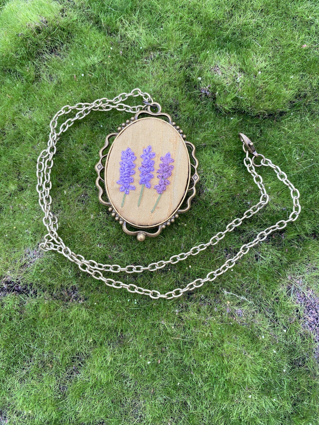 Lavender on Gold Silk Embroidered Pendant - 1