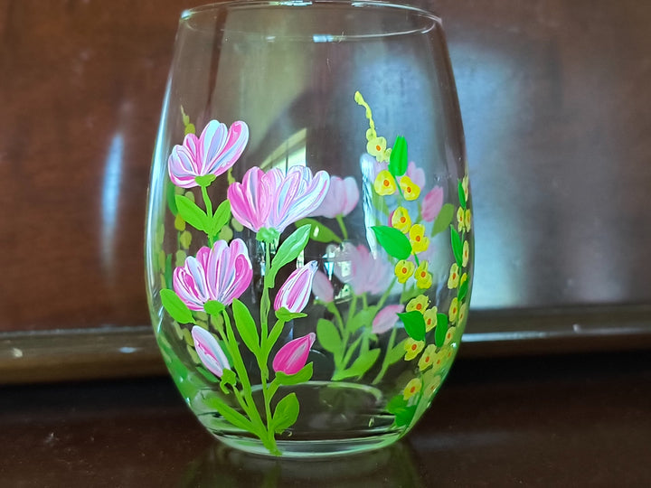 Handpainted Floral Stemless Wine Glasses