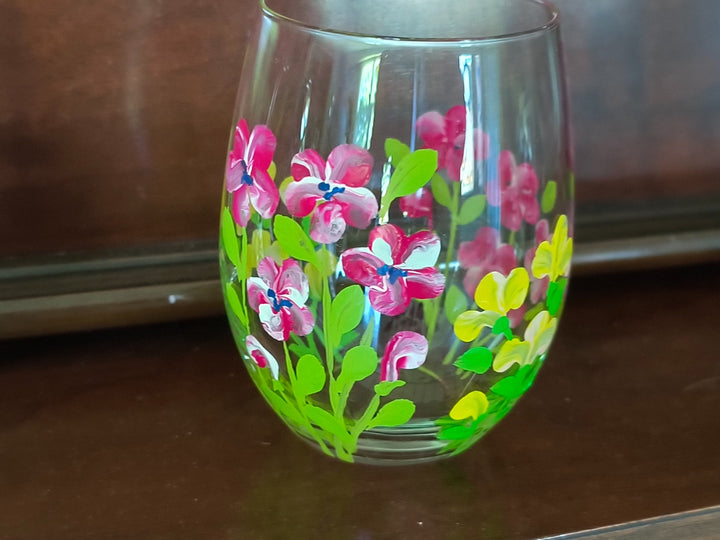 Handpainted Floral Stemless Wine Glasses