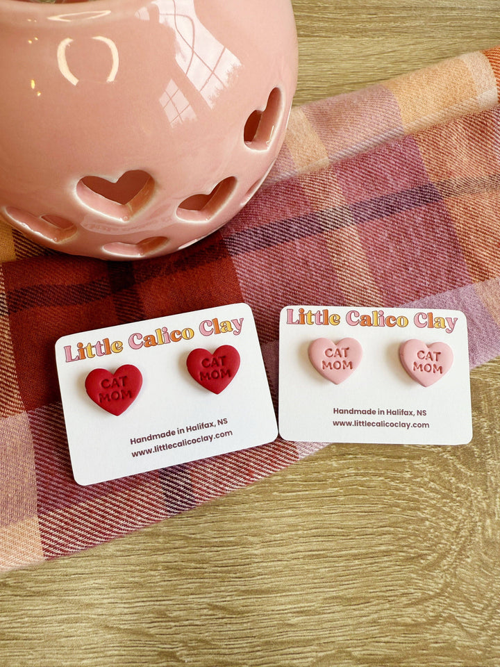 Cat Mom Heart Stud Clay Earrings