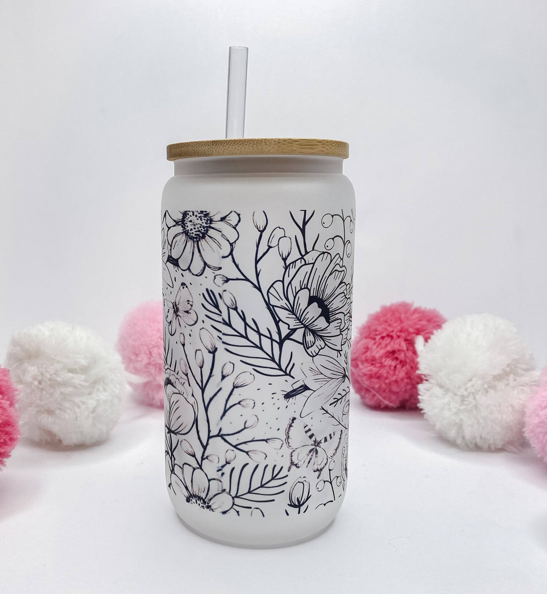 Black Floral Frosted Glass Can Tumbler