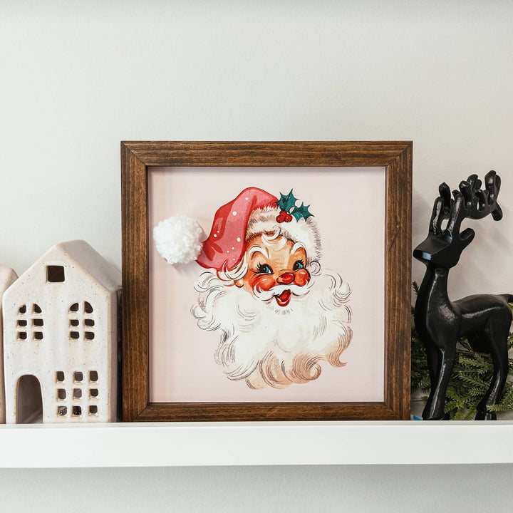 Vintage Santa With Pom Pom Hat Framed Wood Christmas Sign