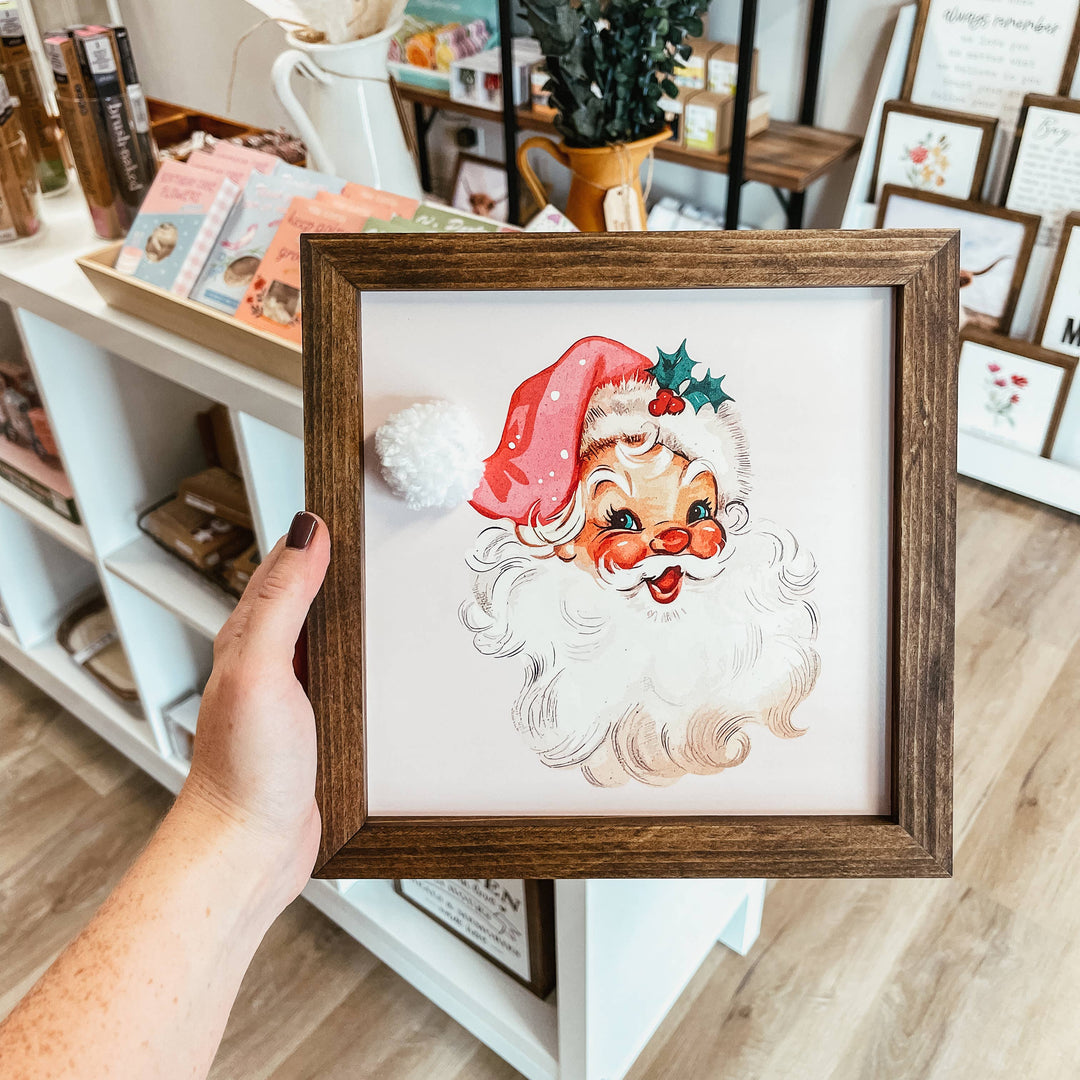 Vintage Santa With Pom Pom Hat Framed Wood Christmas Sign