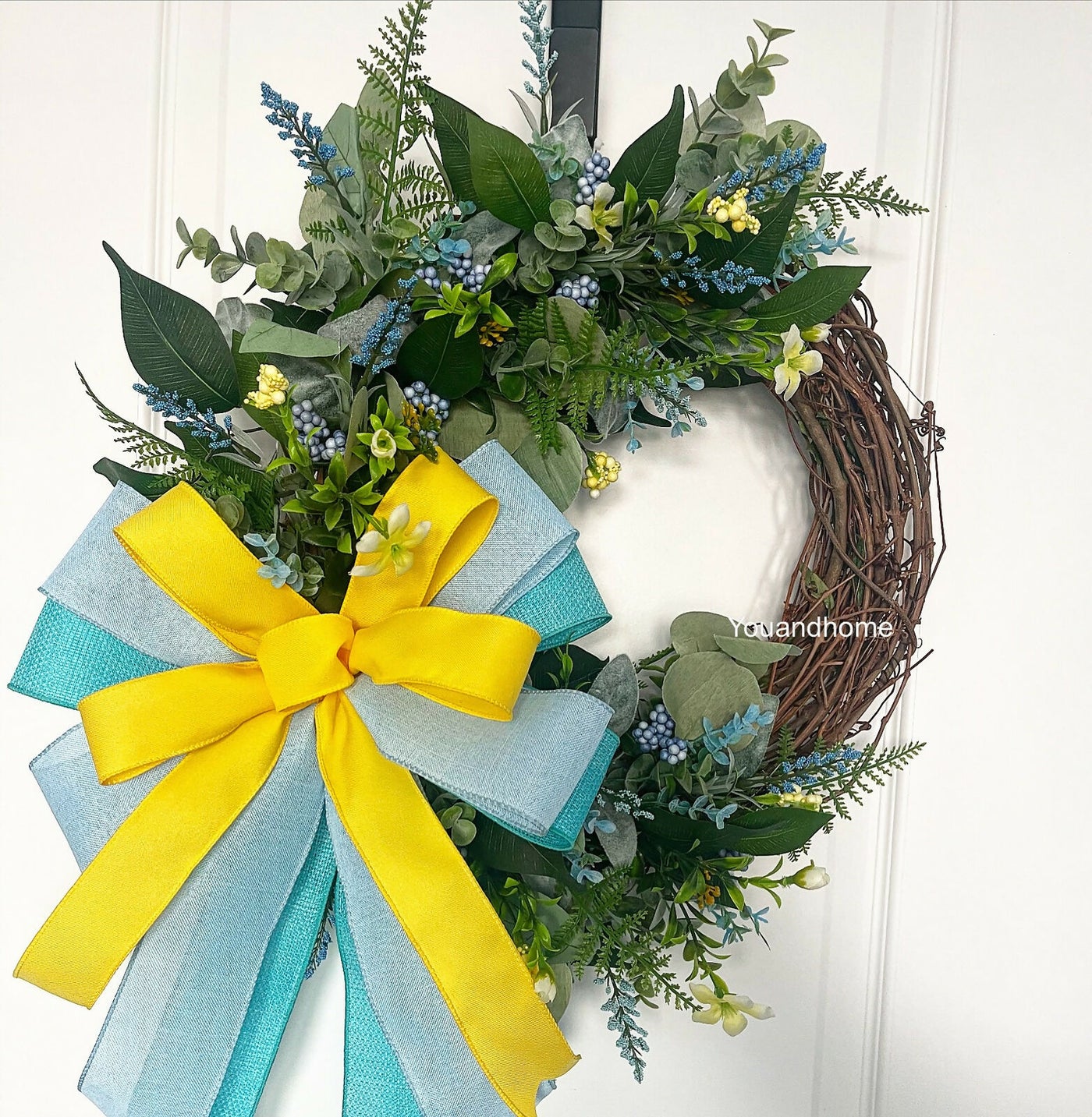 Blue and Yellow Spring Greenery Wreath