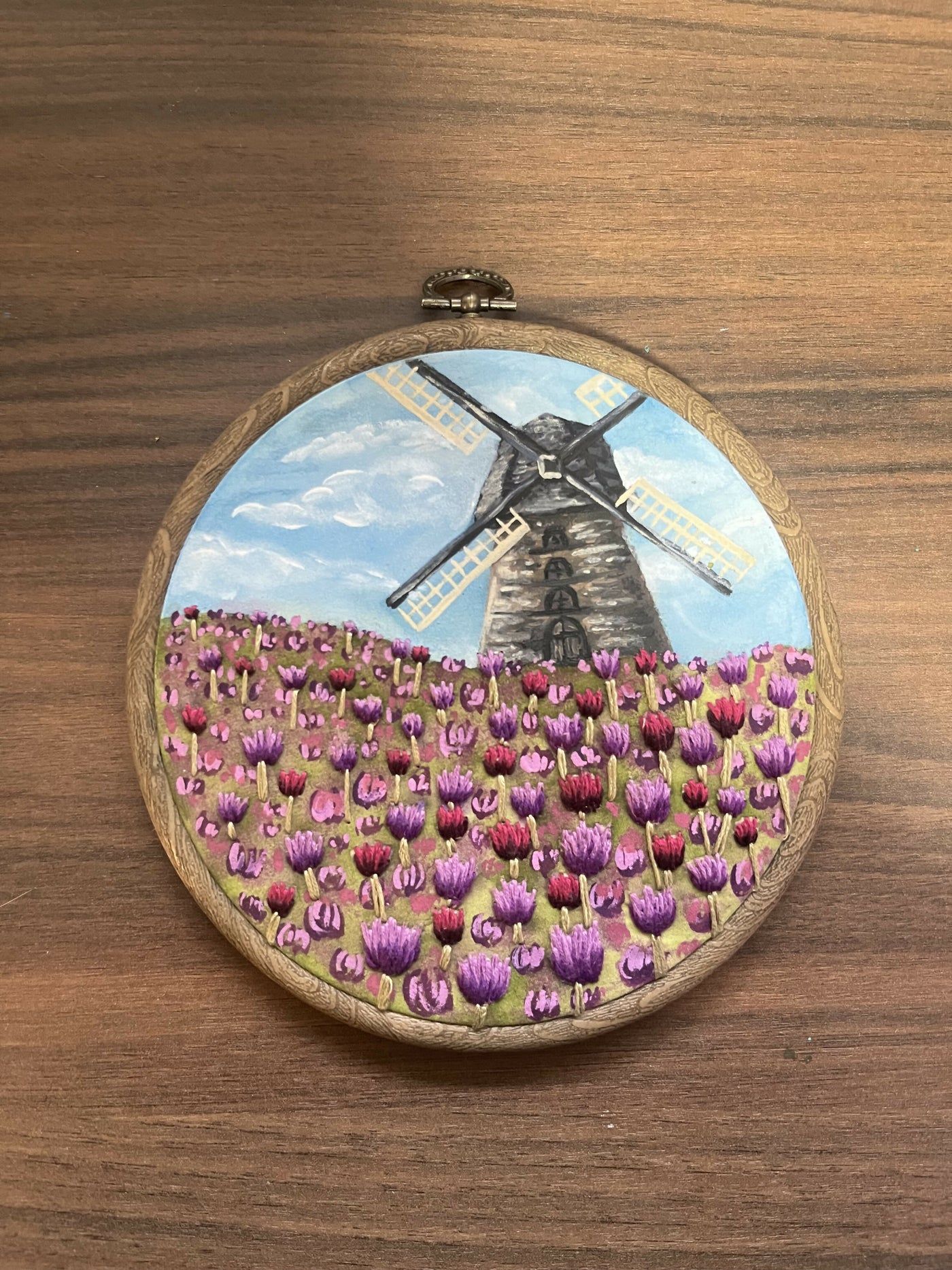 Embroidered Tulip field w/ windmill