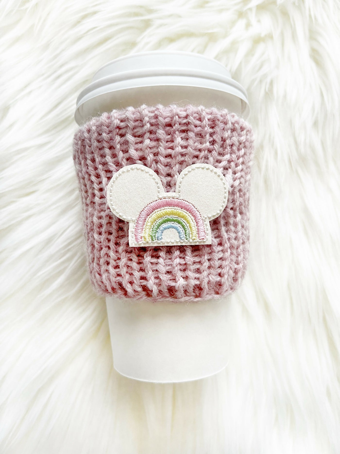 Rainbow Mouse Knit Cup Cozy - White