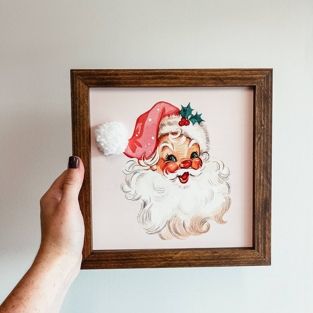 Vintage Santa With Pom Pom Hat Framed Wood Christmas Sign