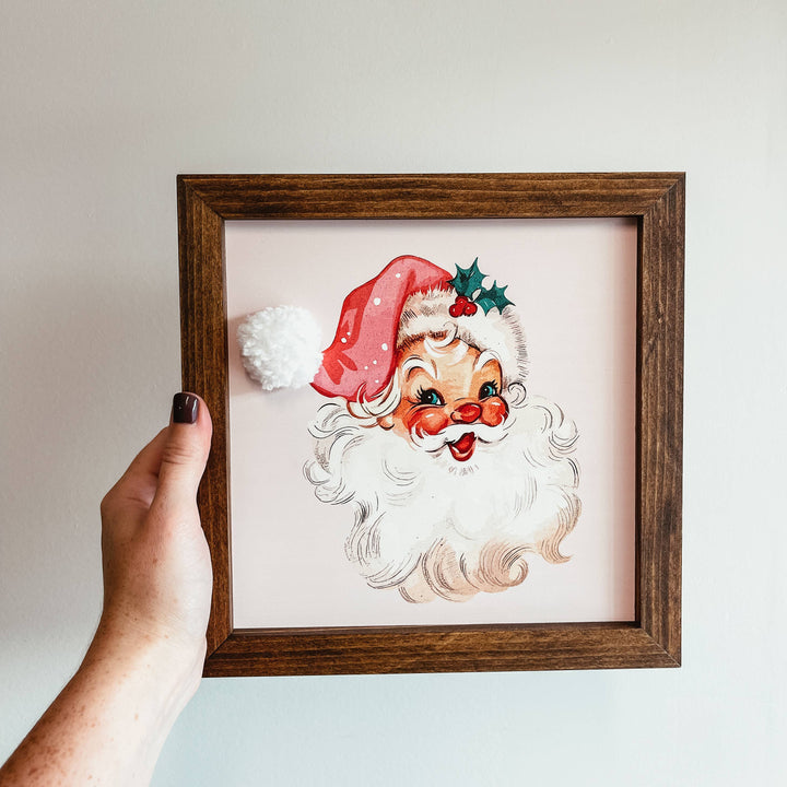 Vintage Santa With Pom Pom Hat Framed Wood Christmas Sign