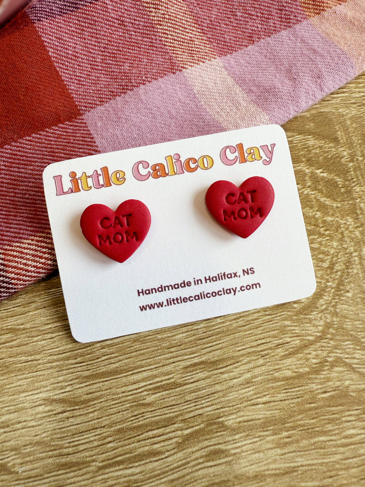Cat Mom Heart Stud Clay Earrings