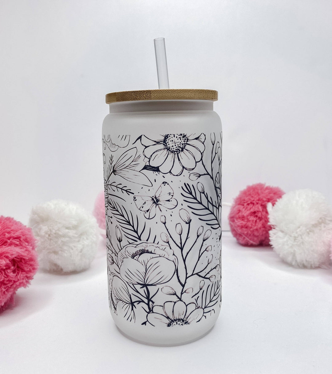 Black Floral Frosted Glass Can Tumbler