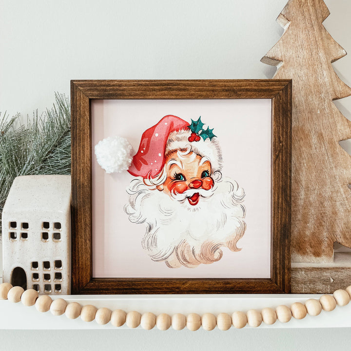 Vintage Santa With Pom Pom Hat Framed Wood Christmas Sign