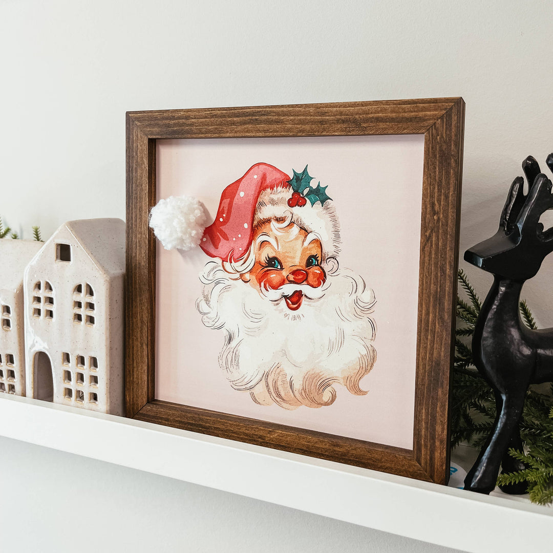 Vintage Santa With Pom Pom Hat Framed Wood Christmas Sign