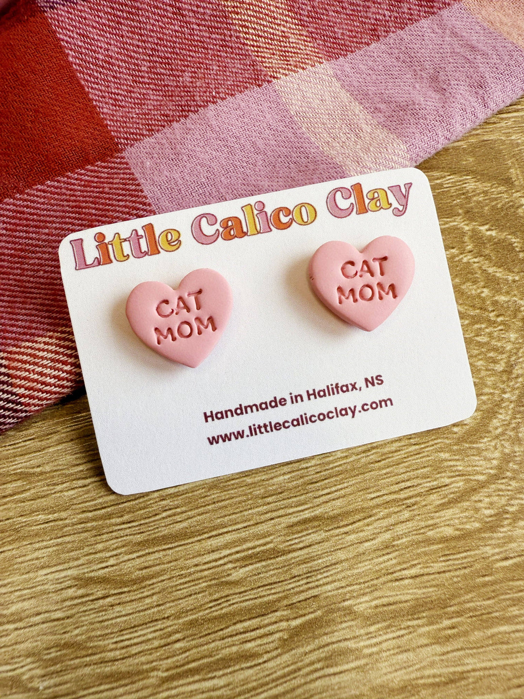 Cat Mom Heart Stud Clay Earrings