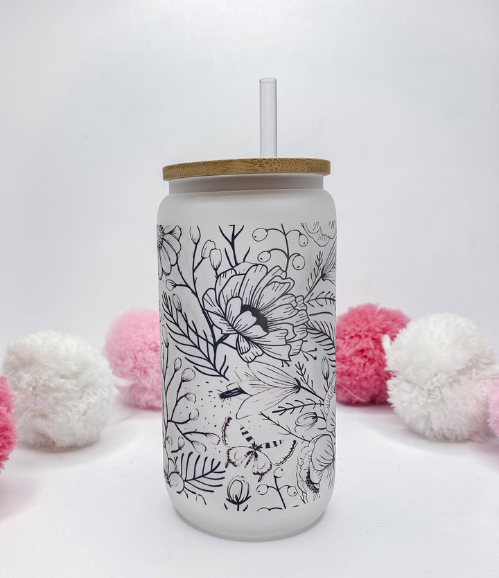 Black Floral Frosted Glass Can Tumbler