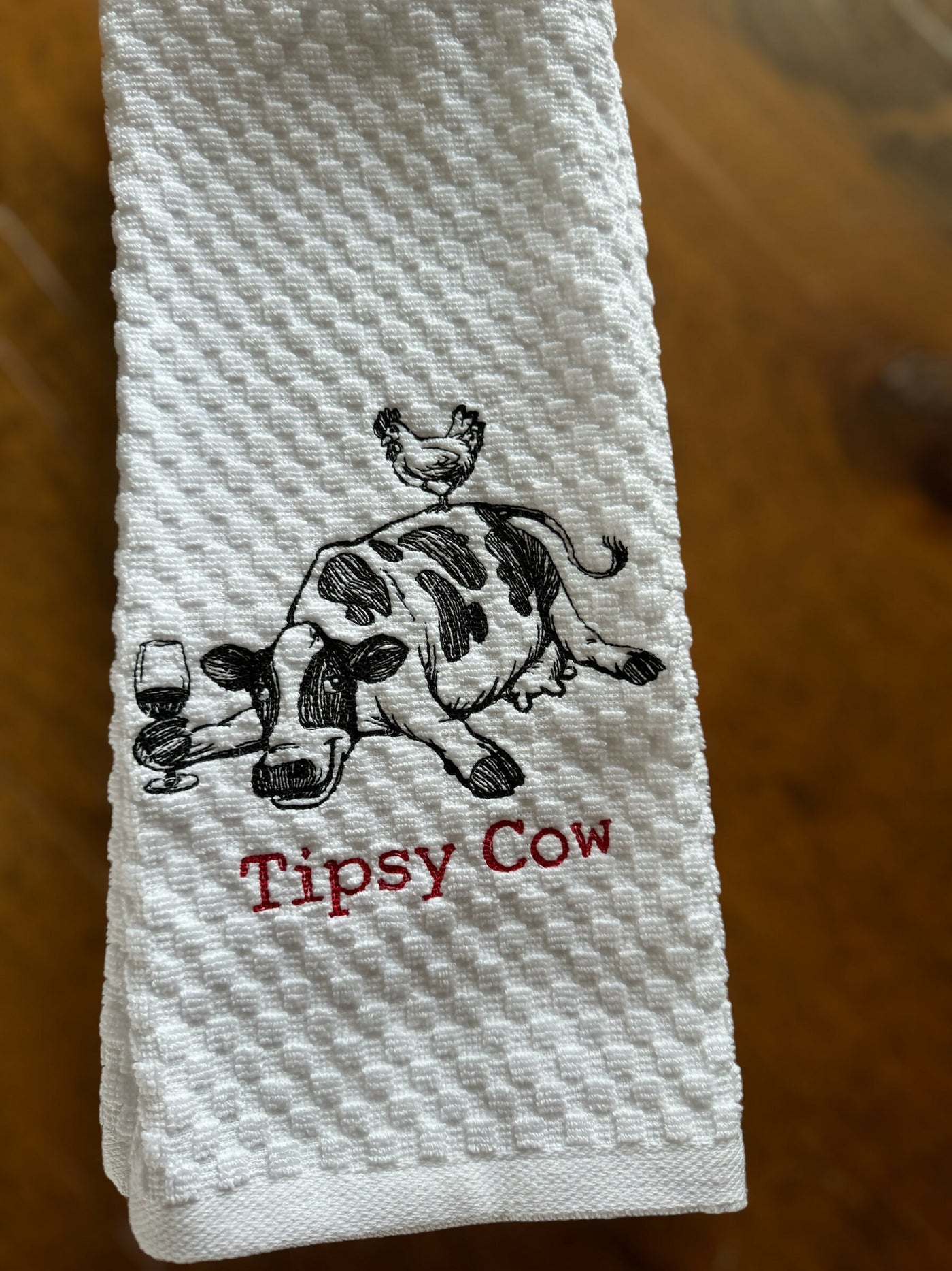 Tipsy Cow embroidered kitchen towel