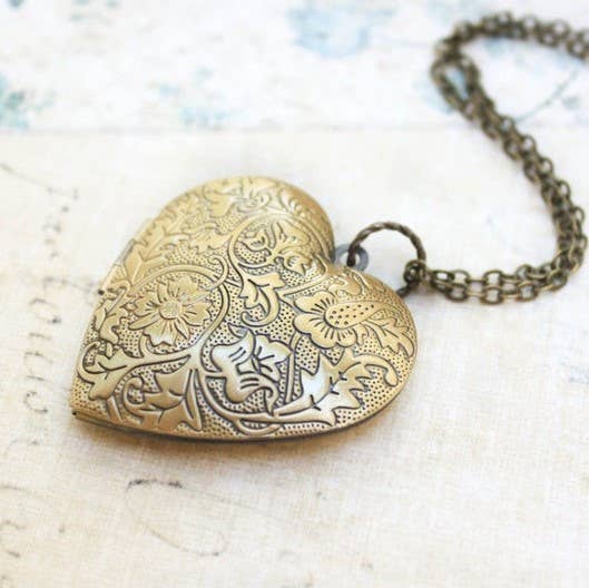 Antiqued Gold Floral Heart Locket
