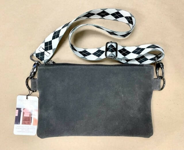 Grey Suede Crossbody Bag w/ Web Strap