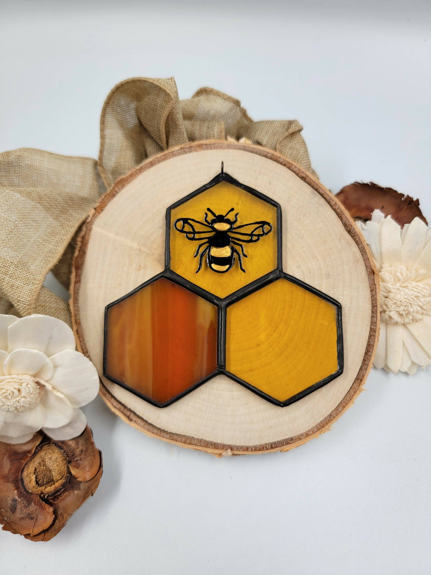 Stained glass honeycomb and bee ornament