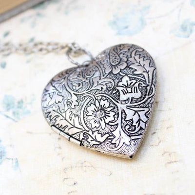 Antiqued Silver Floral Heart Locket