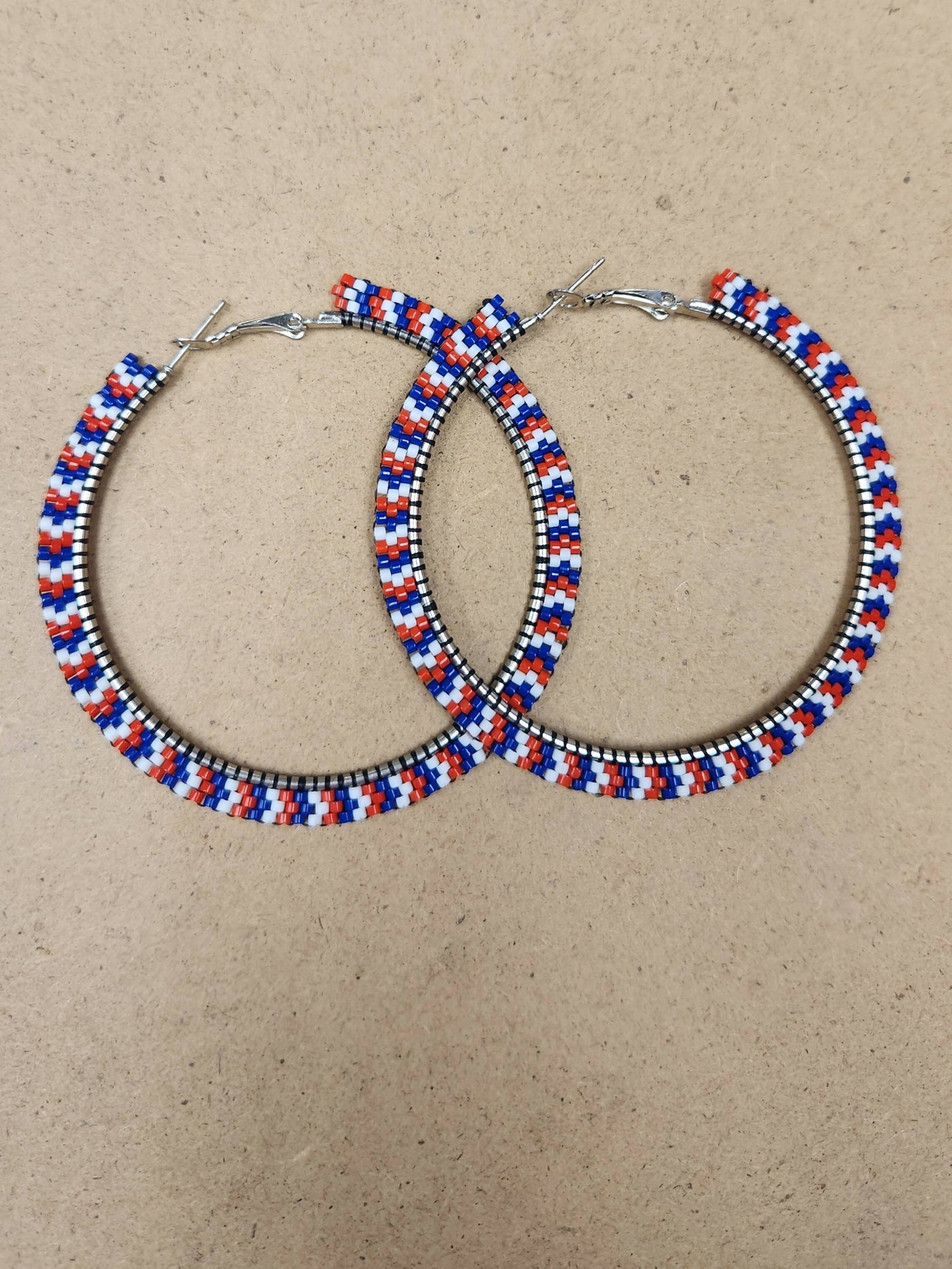 Red White + Blue Beaded Hoop Earrings