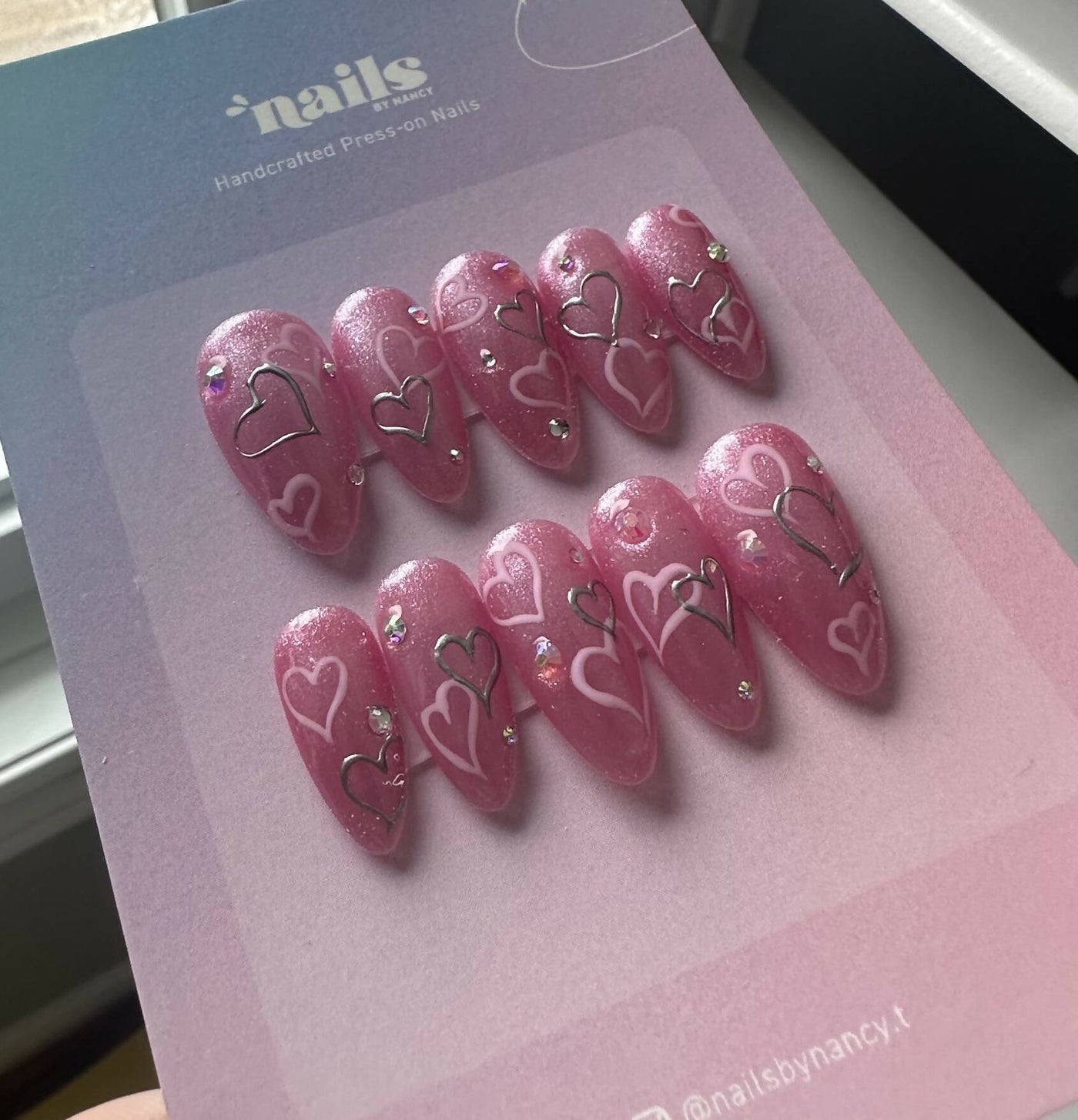 Pink Glitter, Hearts & RHinestone Press On Nail Set
